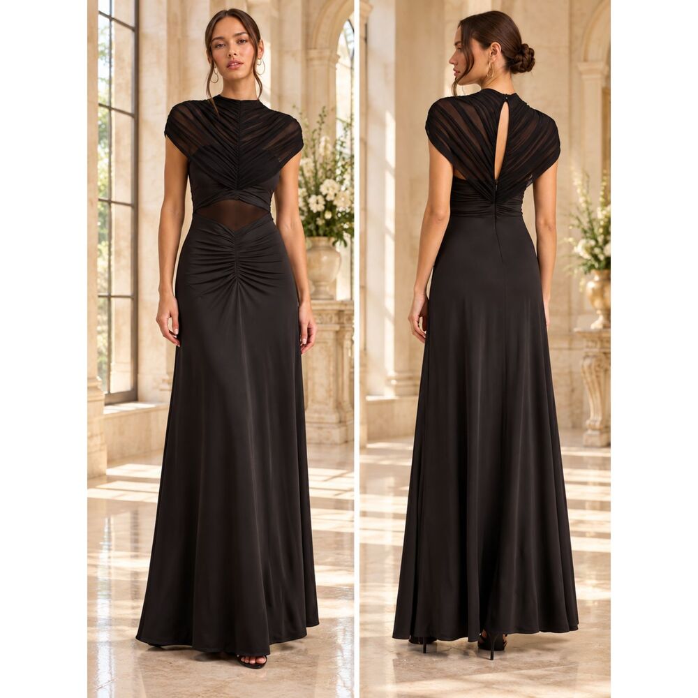 Lulus Murielle Black Mesh Ruched Maxi Dress Size Small Formal Sophisticated Chic